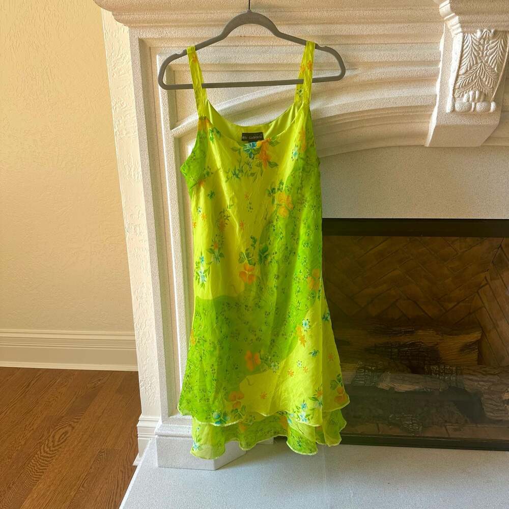 Mile Gabrielle Lime Green Floral Print Textured Midi Dress with Layered Hem